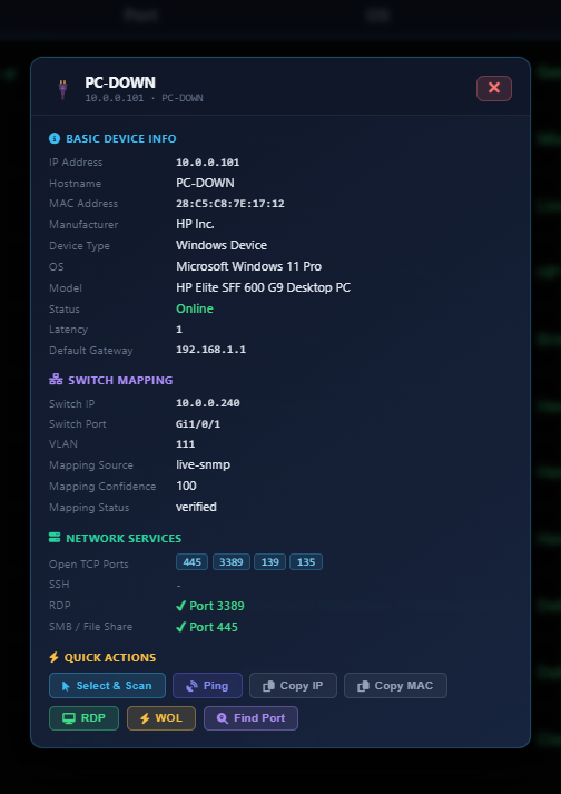 Deep device identity card with switch port and quick actions