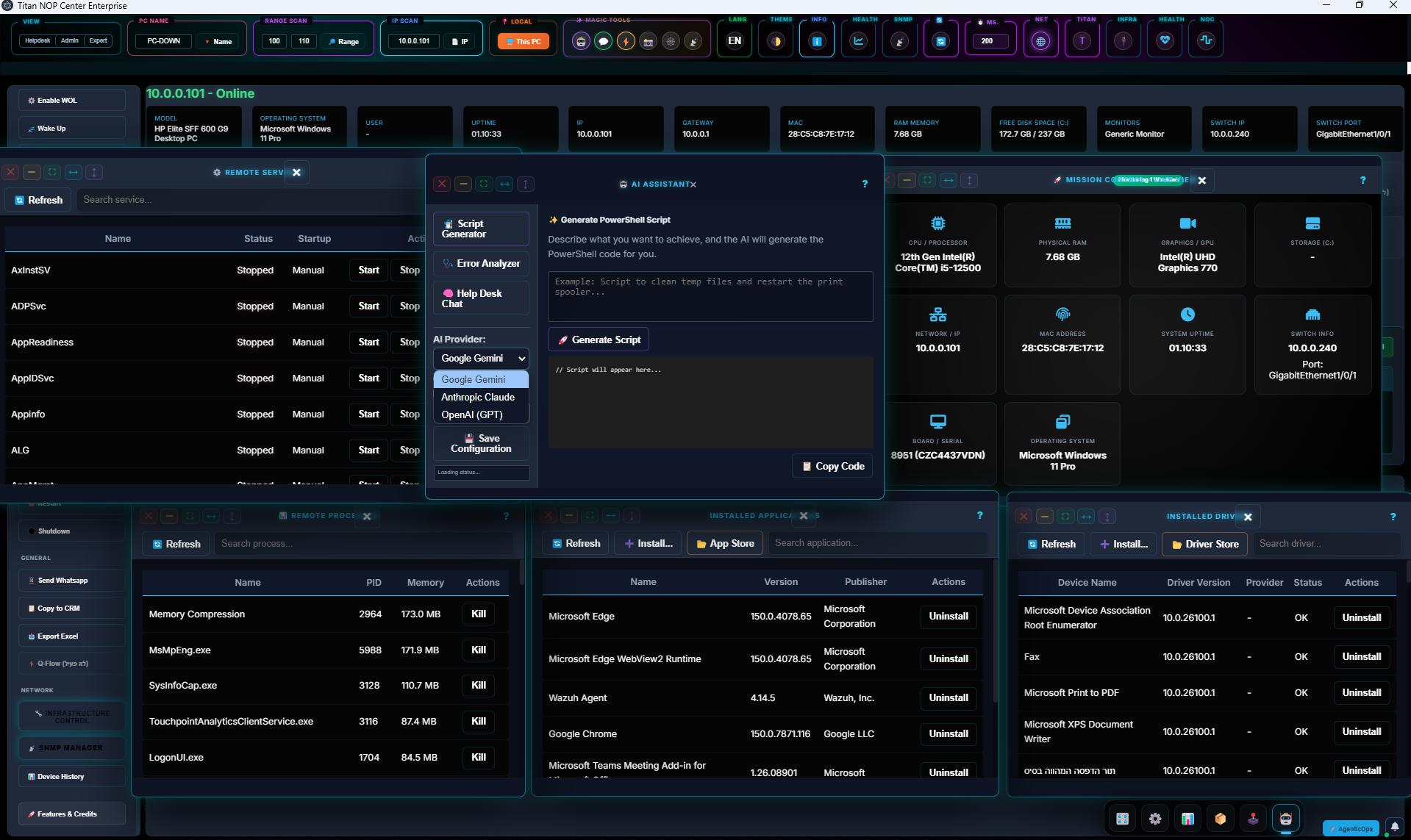 Deep Scan Machine with services, processes, applications, drivers, AI and Mission Control