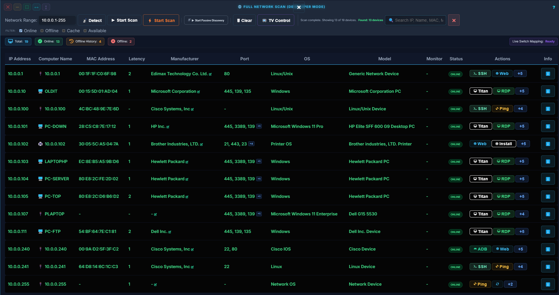 Titan full network scanner with live devices and actions