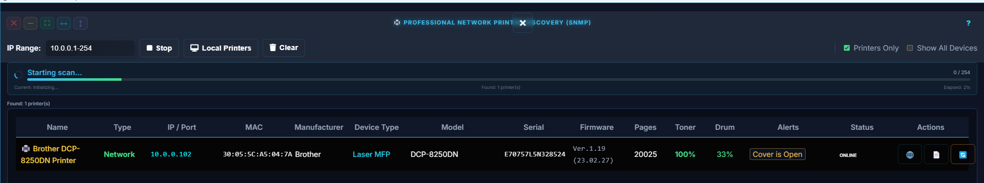 Network printer discovery with serial, firmware, counters and consumables