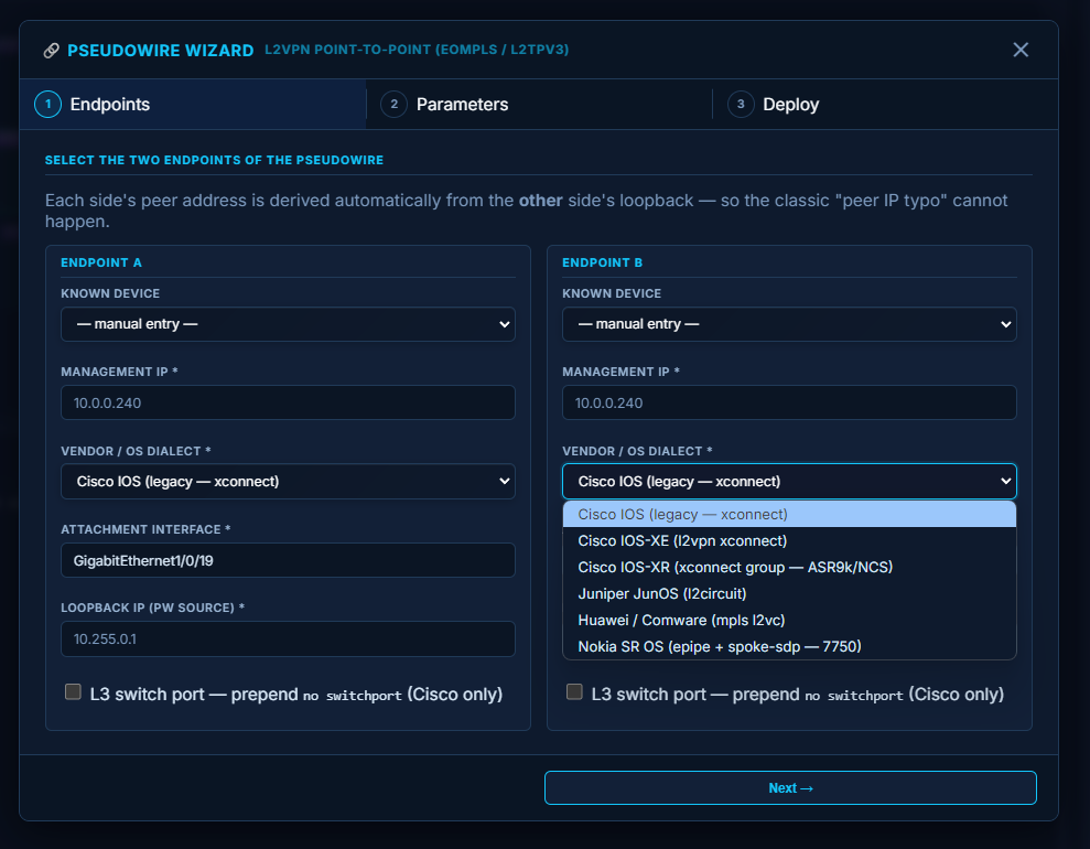 Multi-vendor Pseudowire Wizard