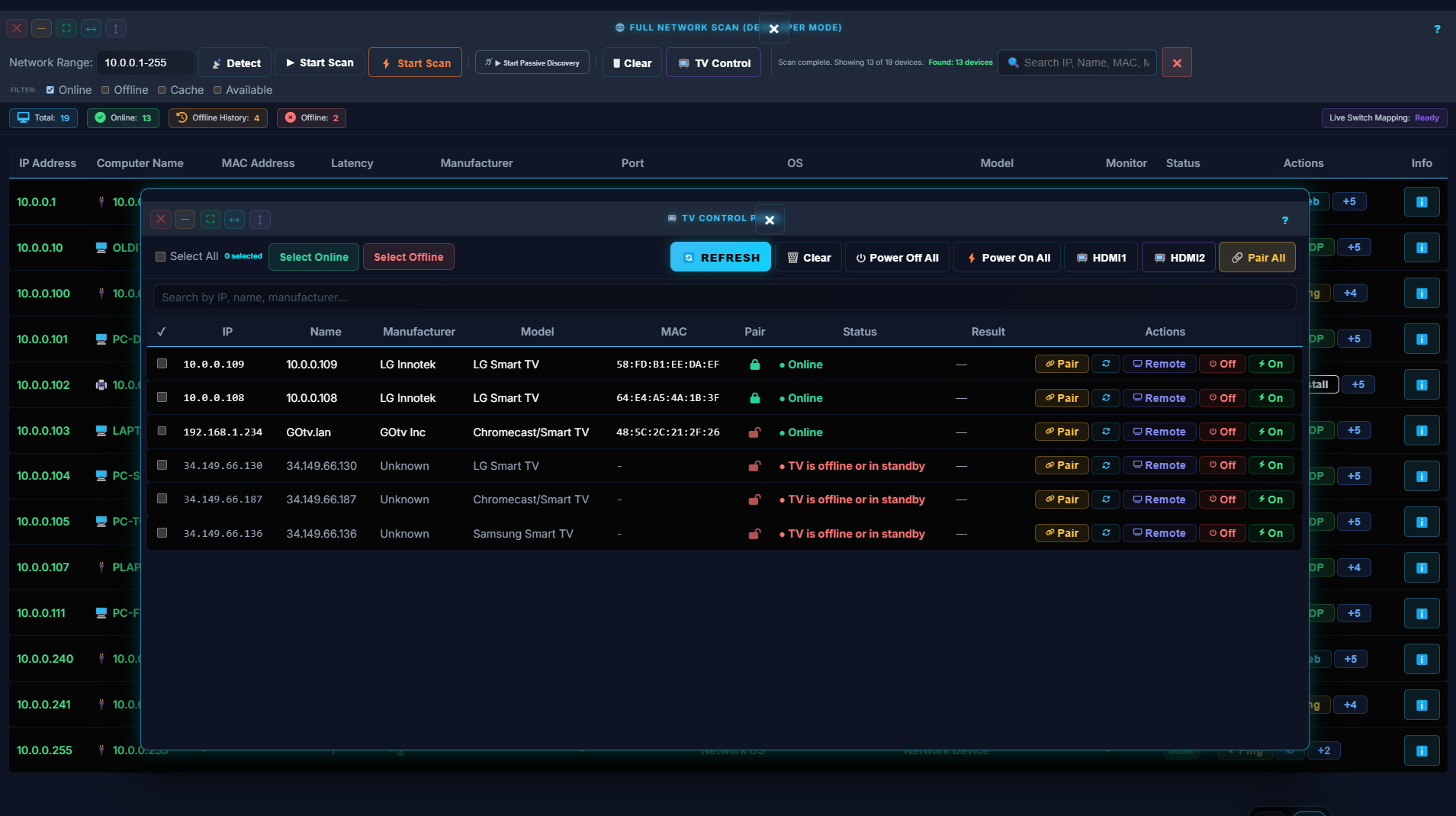 Smart TV fleet control with pairing, power, HDMI and remote actions